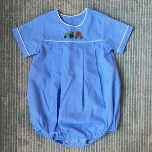 Baby Sen Blue Gingham Bubble with Tractor Embroidery